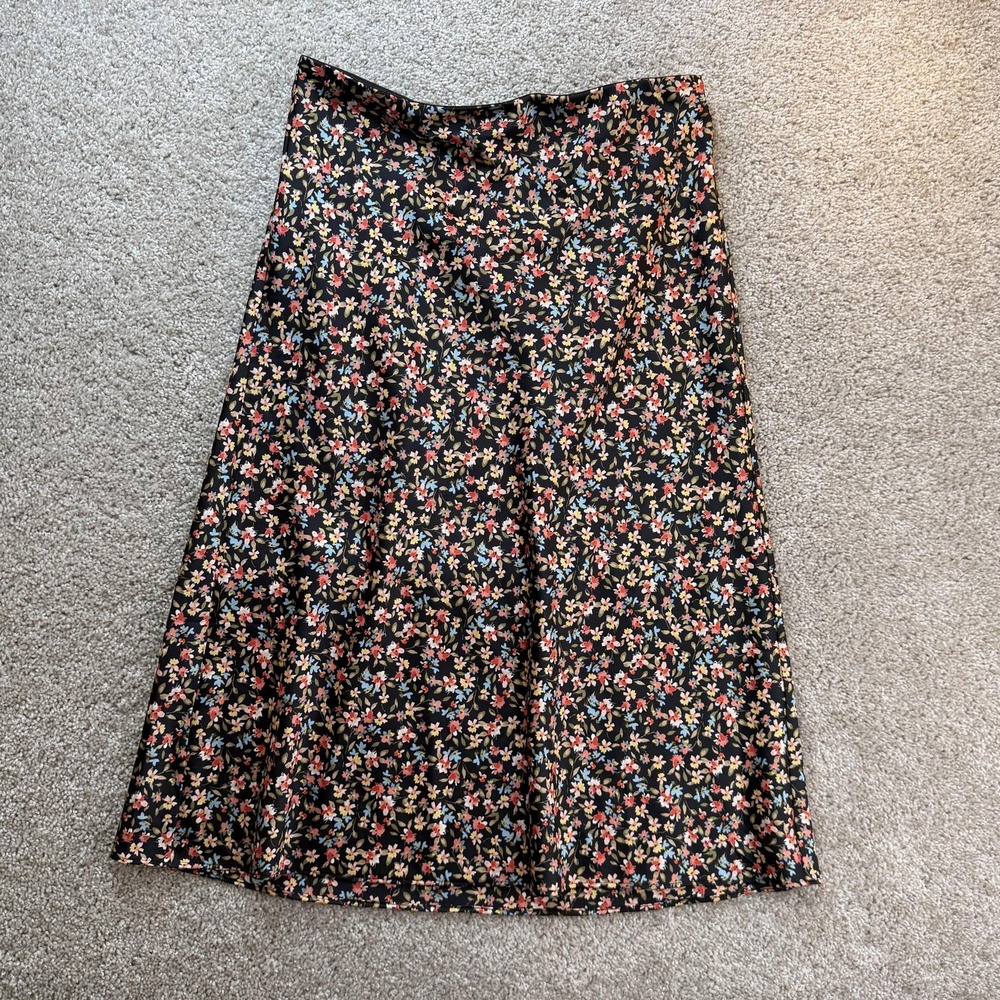 Loft Skirt Womens Med Black Floral Polyester A-Line Midi Elastic Waist Pull On